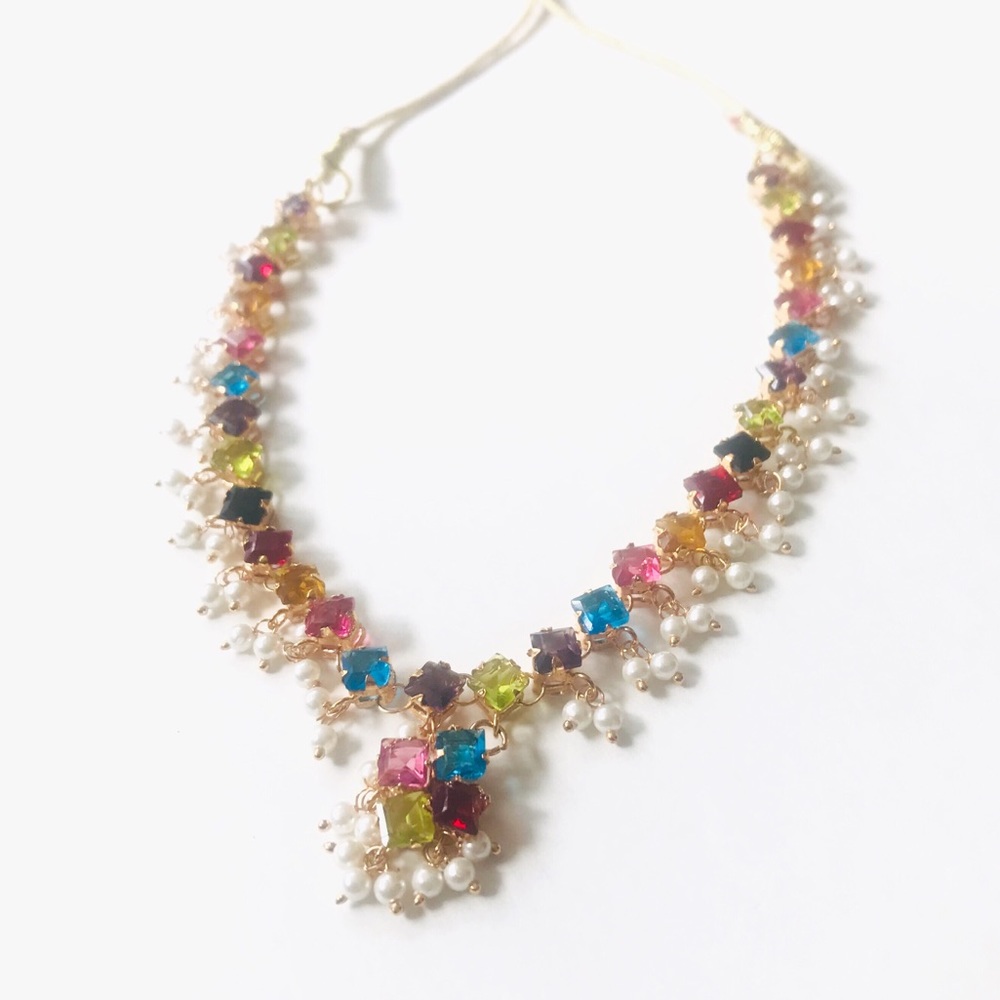 Pretty colored jewel necklace with dangling pearls